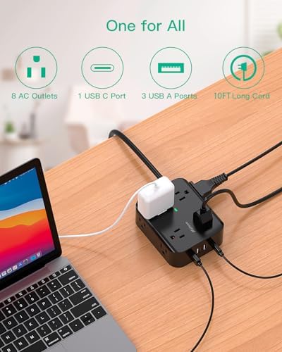 MIFASOPOWER Surge Protector Power Strip – 8 Wide Outlet Charging Station with 4 USB Ports (Including USB-C) and 5 FT Heavy-Duty Extension Cord – Space-Saving Flat Plug Design for Home, Dorm, or Office – Overload Protection & Wall-Mountable Convenience