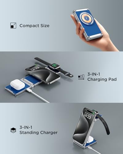 Hohosb Foldable 3-in-1 Magnetic Wireless Charger Station – Premium Zinc Alloy Design for i Phone 15/14/13/12, Air Pods Pro/3/2, and Apple Watch – Mag Safe Compatible, Fast Charging, and Travel-Friendly Solution for All Your Devices (Blue)
