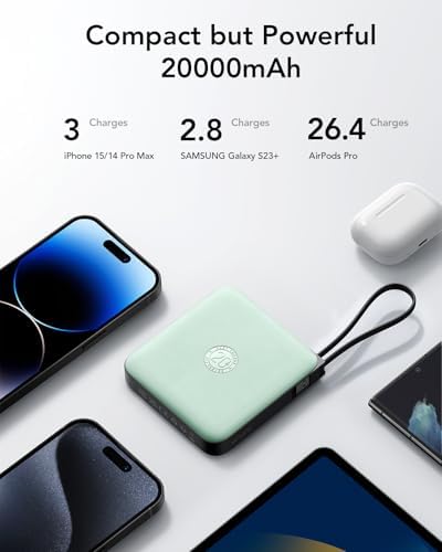 VRURC 20000 m Ah Portable Power Bank with Integrated Cables – Ultimate Travel Companion for i Phone 11-16 & Samsung Galaxy Series – Rapid 22.5 W Fast Charging Efficiency, Compact Design for On-the-Go Convenience – Essential Battery Pack for Uninterrupted Connectivity
