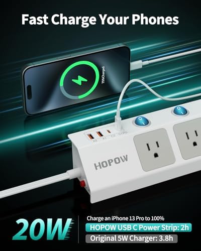 Ultra-Thin 10 Ft Flat Plug Power Strip with Individual Switches – 5-Outlet Surge Protector featuring 2 USB-C (20 W PD) & 2 USB-A Ports, 1700 Joules Surge Protection, Wall-Mount Design for Home and Office – Optimize Your Power Management with Enhanced Speed and Safety