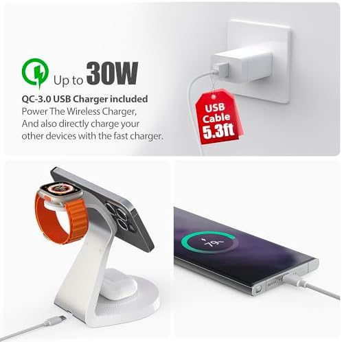 Ultimate 3-in-1 Mag Safe Charging Station for Apple Devices – Fast Wireless Charger for i Phone 16/15/14/13/12, Air Pods & Apple Watch with USB-C Compatibility – Sleek, Space-Saving Design for Home and Office Use