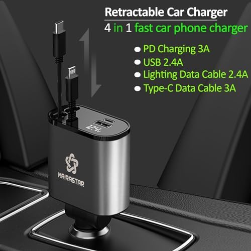 High-Power 4-in-1 Retractable USB C Car Charger – 120 W Fast Charging Adapter with 2.6 ft Type C Cable, QC 3.0 & PD 3.0 Compatibility for i Phone 12/13/14/15, Samsung Galaxy, i Pad, Google Pixel & More – Compact & Safe Charging Solution for On-the-Go Power Needs