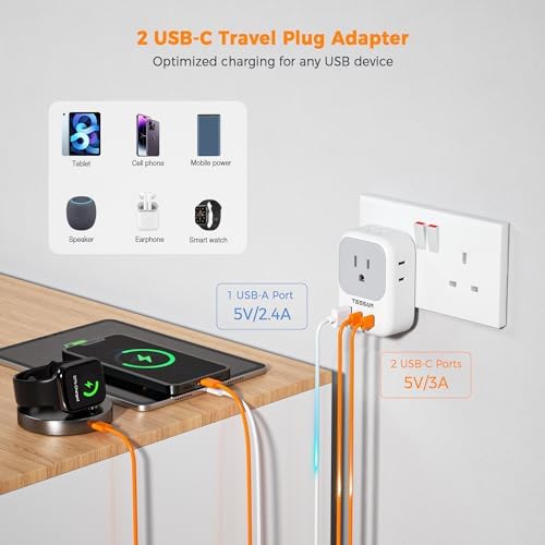 TESSAN Universal European Travel Power Adapter – 3 High-Speed USB Ports (2 USB-C) & 4 AC Outlets for Seamless Device Charging Across France, Germany, Spain, Greece & More – Compact Multi-Port Solution for Global Travelers – Ultimate Type E/F Plug Converter for Efficient Connectivity