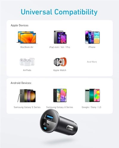 Anker 323 52.5 W USB-C Car Charger Adapter – Power IQ 3.0 Fast Charge for i Phone 15/15 Pro Max, Galaxy S23/22, Pixel – Dual Device Charging, Compact Design with Safety Features for On-the-Go Efficiency