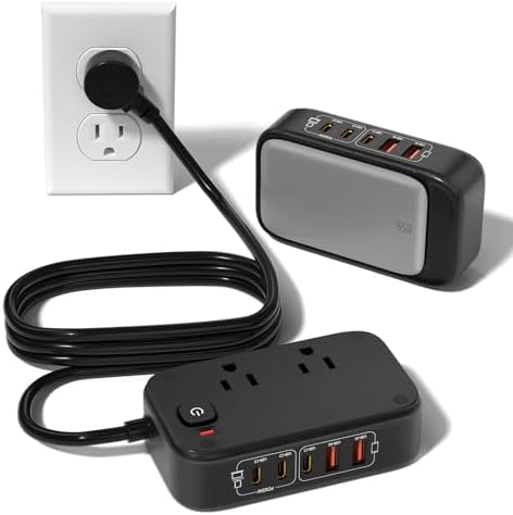 Ultimate 7-in-1 Power Strip with 65 W Ga N Technology | Flat Plug Design for Space-Saving | 3 USB-C & 2 USB-A Ports for Rapid Charging | 2500 W AC Outlet for Home, Office, College & Travel | Versatile Surge Protector for All Devices