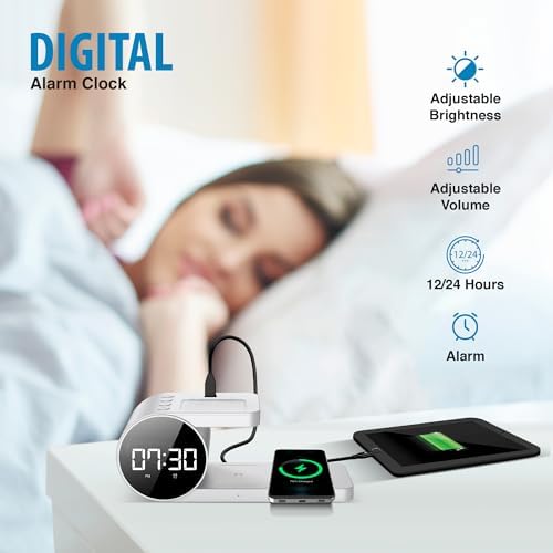 Brookstone 4-in-1 Wireless Charging Station: Elegant Multifunctional Hub for i Phone 15 to 12 Pro Max, All Apple Watch Series & Air Pods Compatibility | Fast Charging with Integrated Clock for Home or Office Use