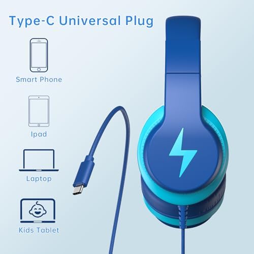 Unleash Your Child’s Potential with Premium USB-C Over-Ear Headphones – Crisp HD Audio, Safe Volume Control for Young Ears, Perfect for Learning and Adventure, Compatible with i Pads, PCs, Tablets – Stylish Foldable Design in Eye-Catching Blue for Ultimate Comfort and Engagement