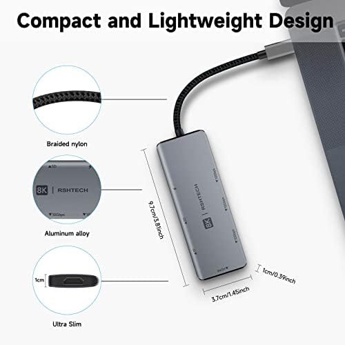 RSHTECH 7-in-1 USB C Hub – Ultimate Multiport Adapter with 8 K HDMI, 10 Gbps USB-C, Dual USB A Ports, 100 W Power Delivery & SD/TF Card Reader – Elevate Your Connectivity and Productivity for Laptops and PCs with Sleek Aluminum Design