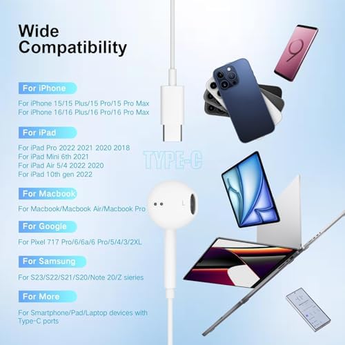 Premium USB C Earbuds for i Phone 16 & 15 – Dual Pack Wired Headphones with Advanced Noise Cancellation and Integrated Microphone for Crystal-Clear Calls – Compatible with i Pad Pro, Galaxy S24/S25, Pixel 9/8/7 – Unmatched Comfort and Long-lasting Durability for Music Lovers and Professionals