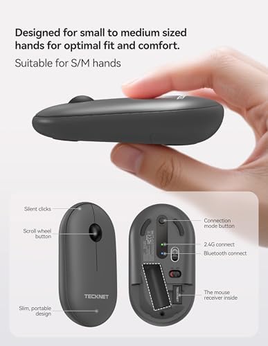 TECKNET Dual Mode Bluetooth Mouse – Compact Portable Wireless Mouse with Silent Clicks for Laptops & Desktops | Seamless Bluetooth 3.0/5.0 & 2.4 GHz USB Connectivity | Ergonomic Design for PC, Chromebook & Mac Users – Sleek Grey Finish for Ultimate Style and Comfort