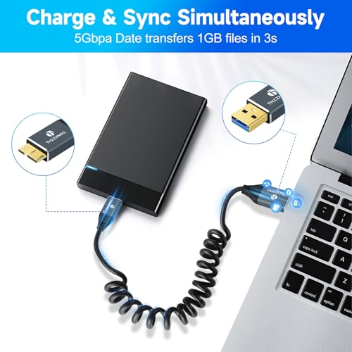 Retractable Coiled USB B to USB C Cable for High-Speed Data Transfer – 5 Gbps Compatibility with Mac, PC, Laptops, MIDI Keyboards, and DJ Controllers – Adjustable Length from 0.75 FT to 3.3 FT for Effortless Connectivity and Organization