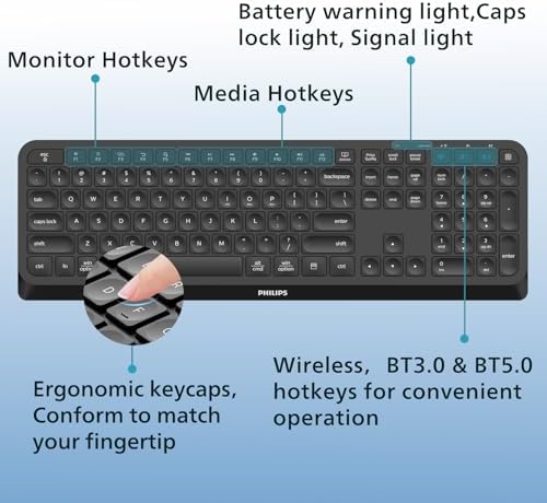 PHILIPS Ergonomic Wireless & Bluetooth Keyboard – Ultra-Quiet Standard Layout with 2.4 GHz USB Receiver, Multi-Device Compatibility, and Enhanced Comfort for Seamless PC, Laptop, and Tablet Use – Elevate Your Productivity Today!