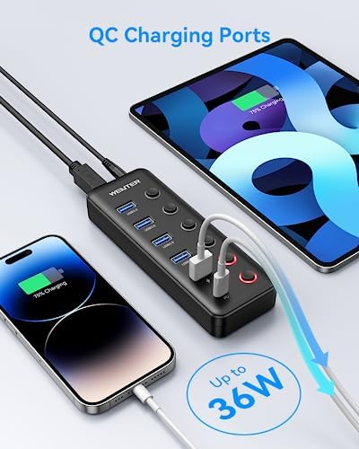 Maximize Your Connectivity with the Wenter 5-Port USB 3.0 Hub – Fast Data Transfer and Type-C Charging Hub for Mac & PC, Featuring Individual LED Switches for Power Management and Enhanced Performance