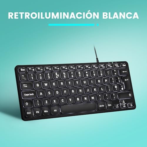 Perixx PERIBOARD-332 Compact Mini USB Keyboard – Sleek White Backlit QWERTY Spanish Layout with Silent X-Type Scissor Keys for Enhanced Typing Comfort – Perfect for Limited Desk Spaces and Effortless Plug-and-Play Setup