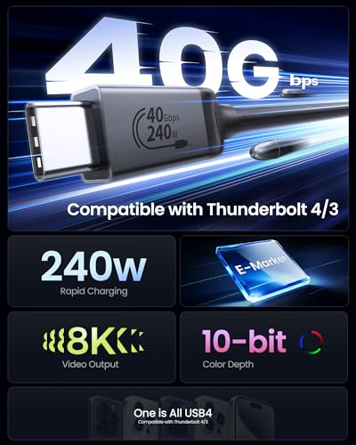 Silkland USB4 Thunderbolt 4 Cable – Ultra-Fast 40 Gbps Data Transfer, 240 W Rapid Charging, 8 K@60 Hz Video Output, 1 FT Compact Design – Perfect for i Phone 16, Mac Book, e GPU, and More – Unmatched Performance for Modern Connectivity