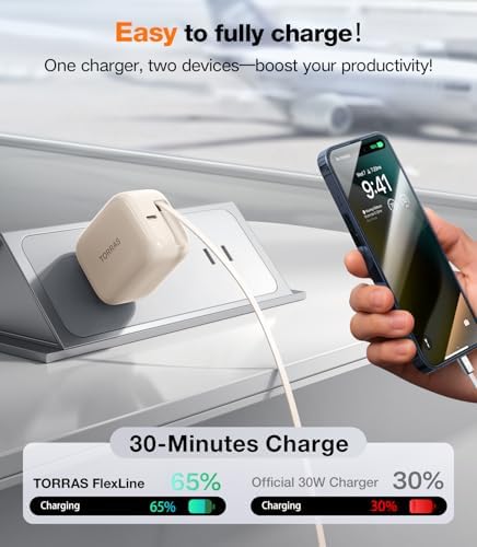 Experience Maximum Efficiency with TORRAS Flex Line 40 W Dual-Port USB-C Charger Block for Galaxy Z Fold 7 – Fast Charging Power Adapter with Retractable Cable, Ideal for i Phone 15/16 & Samsung Galaxy S25/S24 Ultra, Sleek Gold Finish for Ultimate Style and Portability