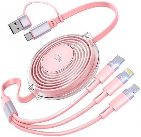 Ultimate 3-in-1 Retractable Charging Cable: 100 W Fast Charge for i Phone 16/15/14 Pro Max & Android Devices – Portable Tangle-Free USB-C, Lightning, Micro USB Travel Charger for Maximum Compatibility and Convenience