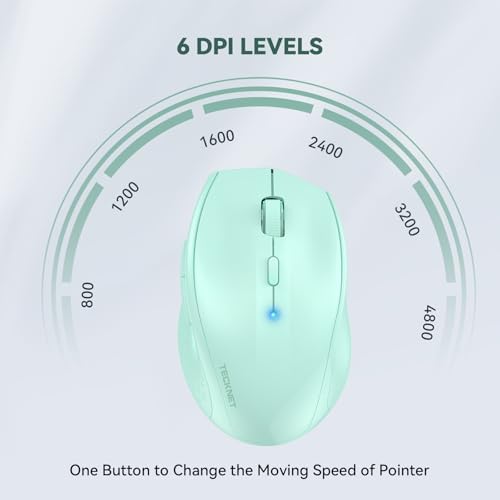 TECKNET Bluetooth Wireless Mouse – Ergonomic 4800 DPI Precision with 6 Adjustable Settings, Long-Lasting 2-Year Battery, and 6 Functional Buttons for Laptops & Windows – Sleek Grey Design for Enhanced Comfort and Productivity
