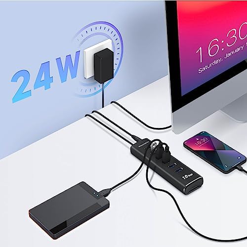 Transform Your Workspace with the Rosonway 8-Port USB 3.2 Hub – Lightning-Fast 10 Gbps Data Transfers, Dual SD/TF Card Readers, 3.3 ft Extension Cable & Robust 12 V/2 A Power Supply – Sleek Aluminum Design for Ultimate Convenience and Efficiency