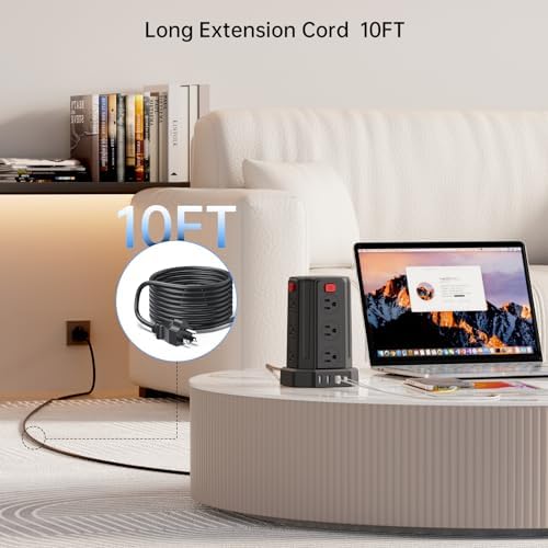 SMALLRT Power Tower Surge Protector – 10 Ft Extension Cord with 12 AC Outlets & 4 USB Ports (1 USB-C) – Ultimate Charging Station for Home & Office – Enhanced Device Compatibility & Safety