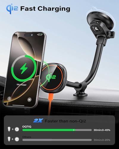 OQTIQ Magnetic Wireless Car Charger for i Phone 12-16 Series – 15 W Fast Charging with Secure Magnetic Mount, Versatile Windshield, Dashboard, & Air Vent Compatibility, Includes QC 3.0 Adapter for Optimal Performance – Upgrade Your Driving Experience with Effortless Charging & Navigation Access