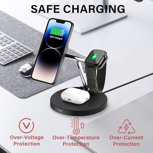 Ultimate 3-in-1 Apple Device Charging Station: Fast Magsafe Wireless Charger for i Phone 16/15/14/13/12, Air Pods & i Watch – Compact Nightstand & Desk Dock with 18 W USB-C Power Supply for Enhanced Efficiency and Organization