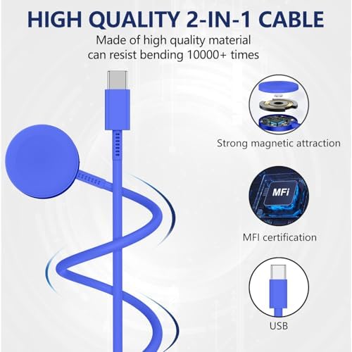 Premium 5 W Fast Charging USB C Cable for Apple Watch – 6 ft Magnetic Charger, MFi Certified, Compatible with Series SE2/8/7 & All Sizes 38 mm to 45 mm – Reliable & Efficient Power Solution for On-the-Go Users