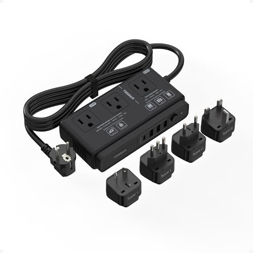 TESSAN 220 V to 110 V Universal Voltage Converter – All-in-One Global Travel Adapter with 4 USB Ports Including Rapid USB-C and 3 AC Outputs for Worldwide Device Compatibility – Compact and Durable Power Transformer for Effortless International Charging