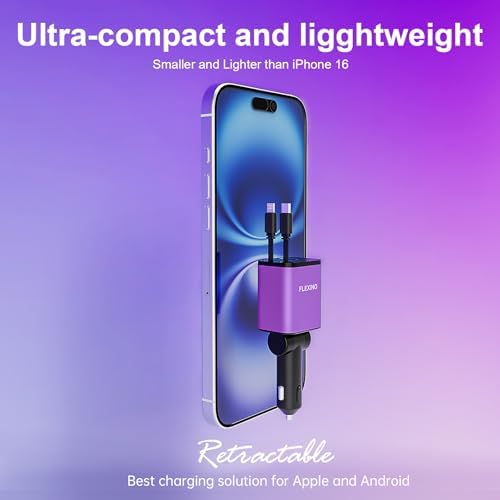 Premium Flexino Compact Retractable Car Charger for i Phone 16 – 69 W Fast Charging with Dual 2.6 ft USB C Cords | Efficient Power Adapter Compatible with i Phone 16/15/14/13/12 Series & Galaxy Devices | Sleek Grey Design for Ultimate Portability and Reduced Cable Clutter