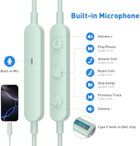 High-Fidelity USB C Earbuds with In-Line Microphone – Ergonomically Designed Noise-Isolating Headphones for i Phone 16/15, Samsung Galaxy S25/S24/S23/S22, Pixel 8/7, One Plus – Superior Comfort, Seamless Audio Control, and Enhanced Compatibility for Music and Calls