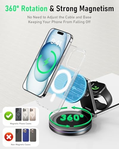 Elevate Your Charging Experience: 2025 Advanced Qi2 Foldable Rotatable 3-in-1 Magnetic Wireless Charger for Apple i Phone 12-16, i Watch, Air Pods, Samsung Devices – Premium Zinc Alloy Design with 30 W Fast Adapter Included – Ultimate Compatibility & Space-Saving Convenience