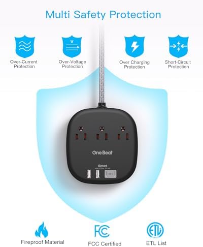 10 Ft Flat Plug Power Strip with 3 AC Outlets & 4 USB Ports, Ideal Desktop Charging Station for Cruise Ships & Dorms – Compact Design & Fast Charging for Multi-Device Use