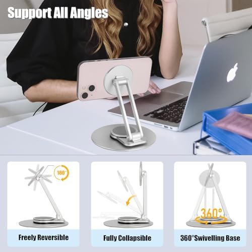 Magnetic Phone Stand for Desk, 360° Rotatable Foldable Magnetic Phone Holder Stand, Height&Tilt Adjiustable, Non Slip Base Magsafe Phone Holder for iPhone 15/14/13/12 Series/Magsafe Case (Silver) – Enhanced Compatibility and Speed
