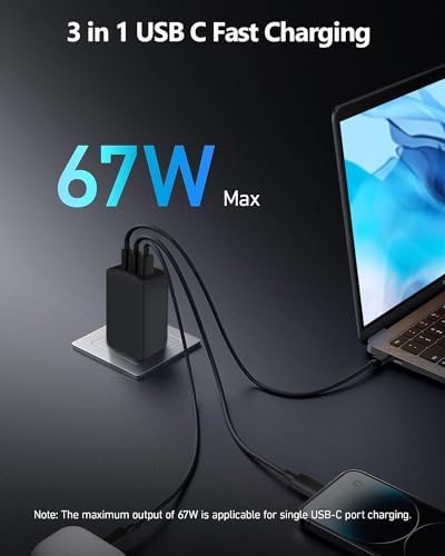 67 W USB C Fast Charger – Triple-Port Ga N Wall Adapter with Foldable Design for Ultimate Portability – Rapid Charging for Mac Book Pro, i Pad Pro, i Phone 15/14, Galaxy S23/S22, Dell XPS 13, Think Pad, Pixel, Steam Deck – Compact Power Solution for On-the-Go Tech Enthusiasts