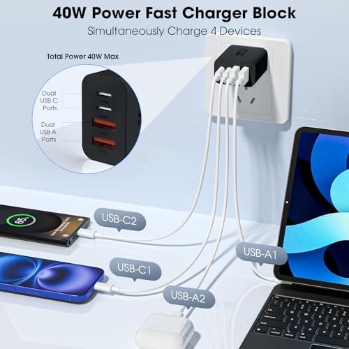 40 W USB C Charger Block – 2 Pack 4-Port Fast Charging Adapter for i Phone & Samsung Devices – PD 3.0 & QC 4.0 Dual Quick Charge Technology – Multi-Device Compatibility in Sleek Black Design – Safe, Efficient Charging Solution for Home & Travel