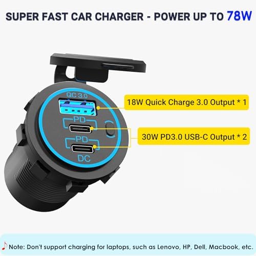 Fast Charging USB C Car Charger Socket 12 V – Dual 30 W PD & 18 W QC3.0 Waterproof Outlet for RV, Marine, Truck & Motorcycle – Compact Design with Button Switch for Ultimate Power Control & Enhanced Device Compatibility