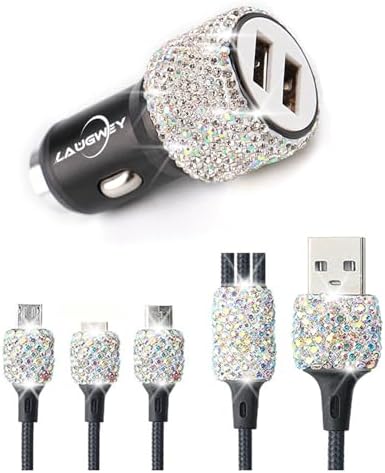 Chic Rhinestone Dual USB Car Charger & 3-in-1 Braided Charging Cable Set – Stylish Bling Accessories for Fast Charging & Enhanced Compatibility – Perfect for Women’s Vehicles in Silver
