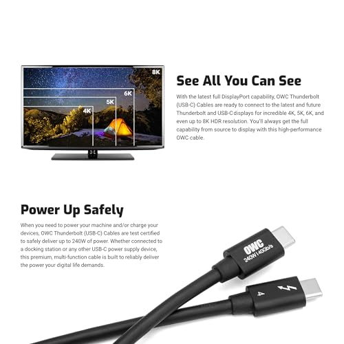 OWC Thunderbolt 4 Cable – 2.0 Meter (6.56 ft.) – Ultra-Fast 40 Gb/s Data Transfer & 100 W Power Delivery – Thunderbolt Certified, Compatible with Thunderbolt 4, 3, USB-C & USB4 Devices – Sleek Black Design for Enhanced Connectivity & Reliability