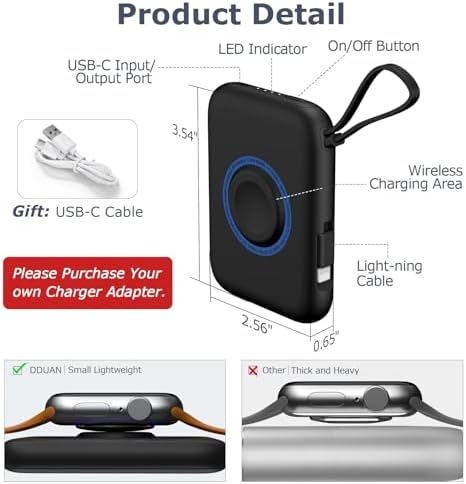 Ultimate 3-in-1 Wireless Watch Charger Power Bank: 5000 m Ah Portable Travel Charger with Dual USB-C Cables – Rapid Charging for Apple Watch Series 1-9 & i Phone 15/Samsung – Lightweight Design with Advanced Safety Features for Hassle-Free On-the-Go Charging