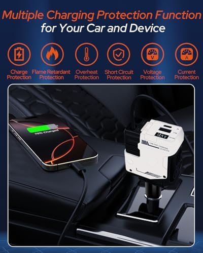 Ultimate 4 in 1 Retractable Car Charger Adapter – 66 W Fast USB-C Charger with Dual 31.5 Inch Cables & Dual USB Ports for i Phone, Android, Galaxy, Pixel, i Pad – Sleek Black Design for Effortless Multi-Device Charging on the Go