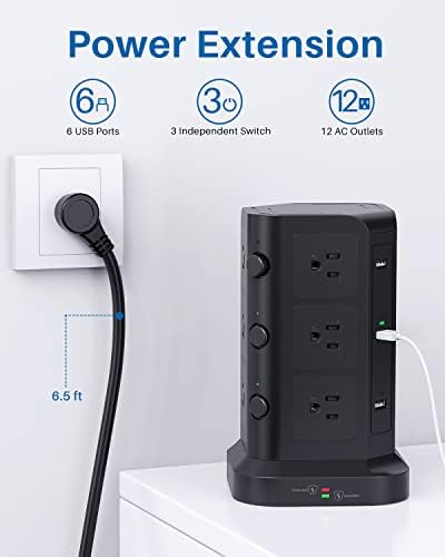 KOOSLA Power Strip Tower – 12 AC Outlets & 6 High-Speed USB Ports with 15 A Surge Protection – 6.5 ft Heavy-Duty Extension Cord for Home Office & Dorm Room – Compact Design for Efficient Power Distribution – Versatile Charging Station for Multiple Devices
