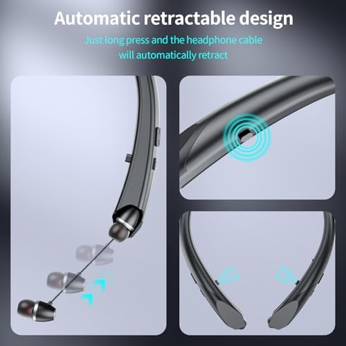 Revolutionary Bluetooth Neckband Headphones with Retractable Earbuds – IPX5 Sweatproof Sports Earphones Featuring Advanced Noise Cancellation and Built-in Microphone for Active Lifestyles – Rapid Connectivity and Extended Battery Life for Seamless Audio Enjoyment