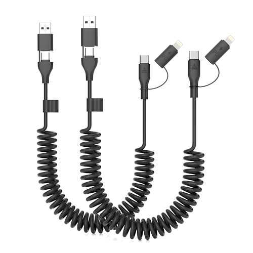 Coiled 4-in-1 USB C to C & Lightning Charging Cable Set – 3 FT Fast Charging Cord for i Phone 15/16, Samsung Devices, Compatible with Apple Car Play & Android Auto – Tangle-Free Design for Ultimate Convenience and Reliability