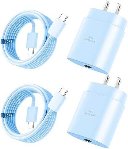 High-Speed 25 W Type C Wall Charger for Samsung Galaxy S25 Series – Includes Dual 10 FT USB-C Cables for Enhanced Flexibility and Safety – Lightning-Fast Charging with Compact Design for Travel Enthusiasts and Everyday Users