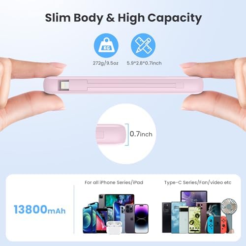 Ultimate USB C Power Bank with Dual Built-in Cables & AC Wall Plug – 13,800 m Ah Fast Charging Powerhouse for i Phone 16/15, Galaxy S23, Tablets – Compact LED Display, Universal Compatibility for On-the-Go Power Solutions