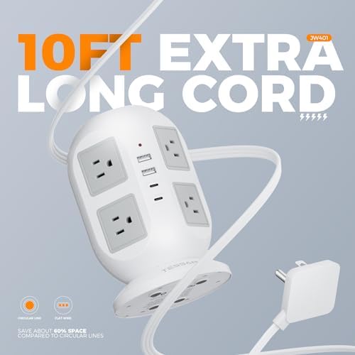 TESSAN Tower Surge Protector Power Strip – 10 ft Flat Extension Cord with 8 AC Outlets & 4 USB Ports (1 USB-C) – Compact Charging Station with Advanced Surge Protection for Home Office & Dorm Use – Optimal Device Safety & Versatile Compatibility