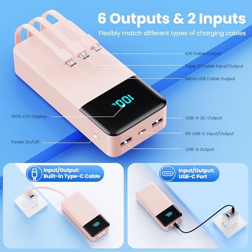 High-Capacity 50800 m Ah Portable Power Bank with 3 Built-In Cables, 25 W PD & QC4.0 Fast Charging – Universal Charging Solution for i Phone 16/15/14/13, Android Devices & More – Smart LCD Display, 6 Outputs & 2 Inputs, Enhanced Safety Features for On-the-Go Power Needs