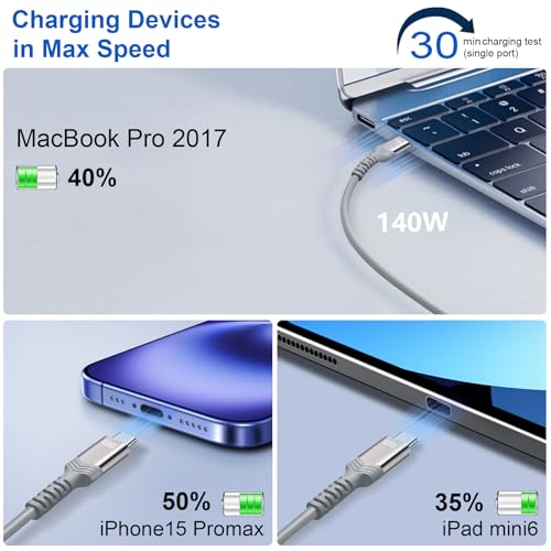 Ultra-Fast 140 W USB-C Charging Cable – 4.2 FT 2-in-1 Fast Charger for i Phone 16 Series, Galaxy S24, Mac Book Pro/Air, & More – Premium Nylon Braided Design for Enhanced Durability and Compatibility – Rapid Charging & Data Transfer Solution for All Devices