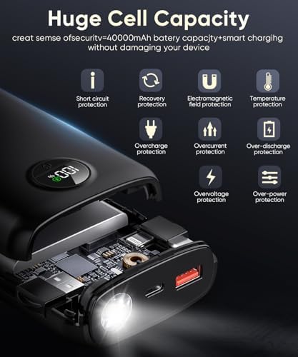High-Capacity 40,000 m Ah Portable Power Bank with PD 30 W & QC 4.0 Fast Charging, Dual USB + Type-C Outputs, Built-in LED Flashlight & Real-Time Battery Display – Ultimate Travel Companion in Carbon Black for All Your Devices