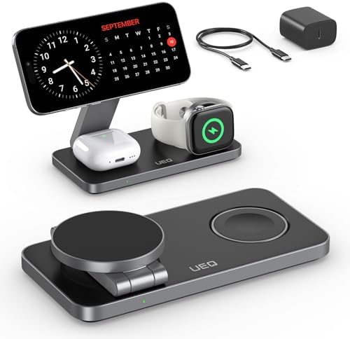Ultimate 3-in-1 Magnetic Wireless Charging Station for Apple Devices – Fast Mag-Safe Charger Stand for i Phone 16/15/14/13/12, Apple Watch Ultra/SE/10/9/8/7/6/5/4, and Air Pods Pro/4/3/2 (Black & Gray) – Unmatched Compatibility and Speed with Intelligent Safety Features Experience the pinnacle of charging convenience with our sleek, foldable 3-in-1 wireless charging station, engineered to power your i Phone, Apple Watch, and Air Pods simultaneously. Enjoy rapid 15 W charging with seamless Mag Safe alignment, specifically tailored for the latest i Phone models. Designed for versatility, this charger is also Qi-compatible, ensuring it works flawlessly with all your wireless devices. Safety is paramount; our multi-intelligent protection system safeguards against over-voltage, over-current, and overheating, extending your device’s battery lifespan. The adjustable and compact design makes it an ideal travel companion, allowing you to find your perfect viewing angle while saving space. Included are a 20 W USB-C PD charger and a 3 ft USB-C cable, ensuring you have everything for optimal performance. Elevate your charging experience today!